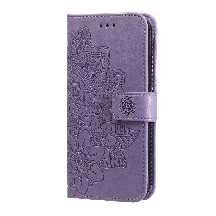 Light purple flip phone case with embossed floral 7-petal mandala design and buckle strap