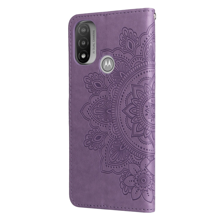 Light purple folio phone case with embossed 7-petal floral mandala pattern and camera cutout
