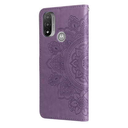 Light purple folio phone case with embossed 7-petal floral mandala pattern and camera cutout