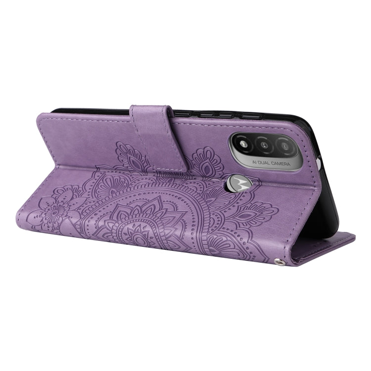 Light purple folio phone case with embossed floral 7-petal mandala pattern and stand flap
