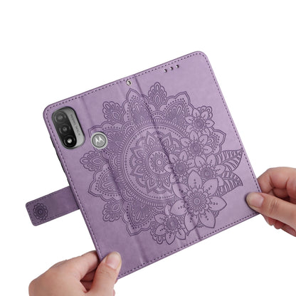 Light purple folio phone case with embossed 7-petal floral mandala and magnetic flap