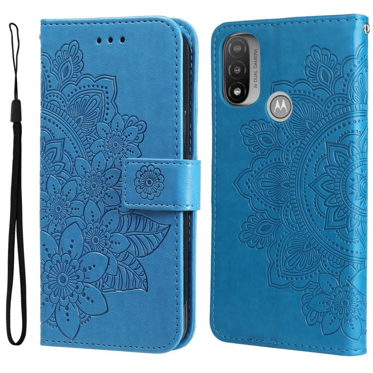 Blue folio phone case with embossed 7-petal floral pattern and wrist strap