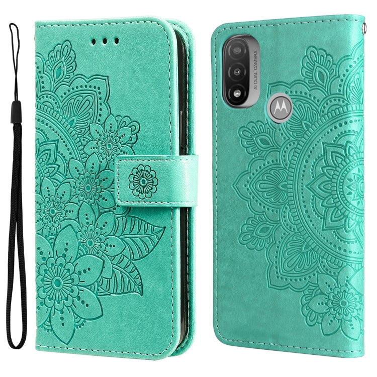 Green folio phone case with embossed 7-petal floral pattern and wrist strap
