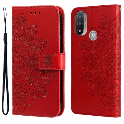 Red folio phone case with embossed 7-petal floral pattern and wrist strap
