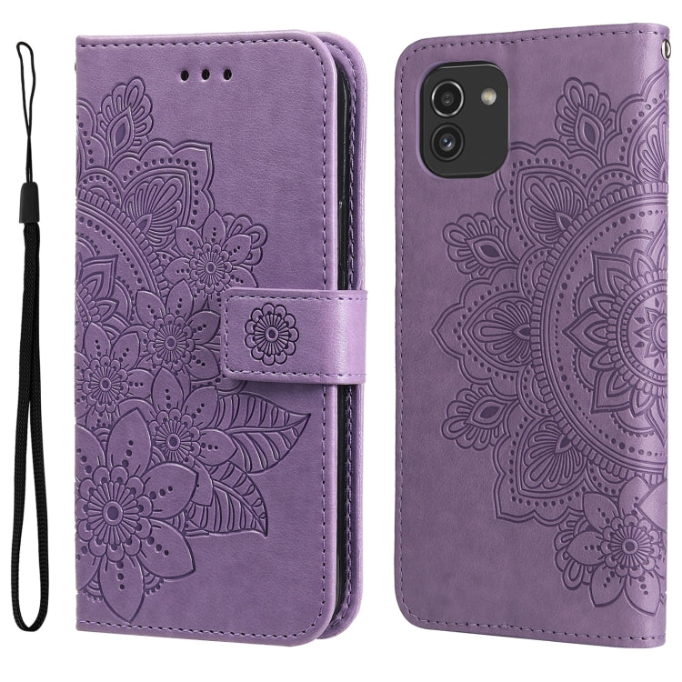 Light purple embossed floral flip phone case with wrist strap and side cutout.