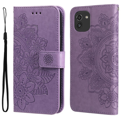 Light purple embossed floral flip phone case with wrist strap and side cutout.