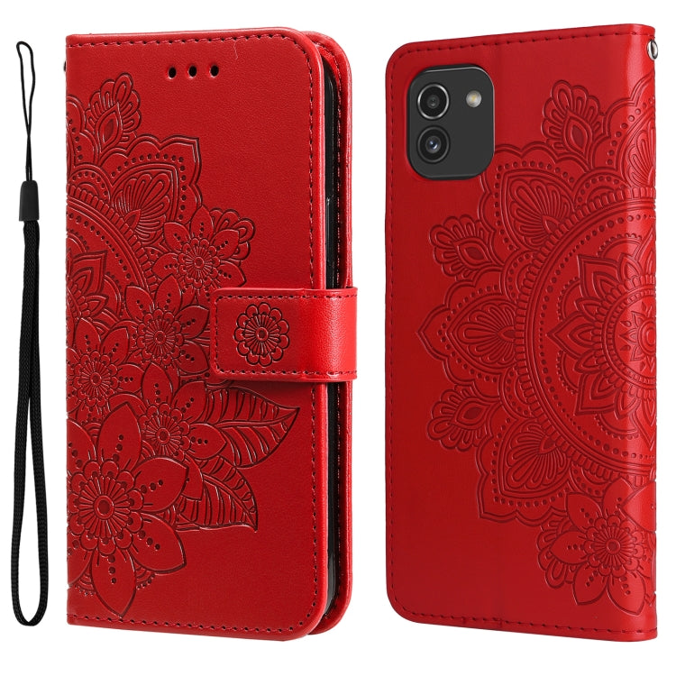 Red embossed floral flip phone case with wrist strap and side buttons cutout.