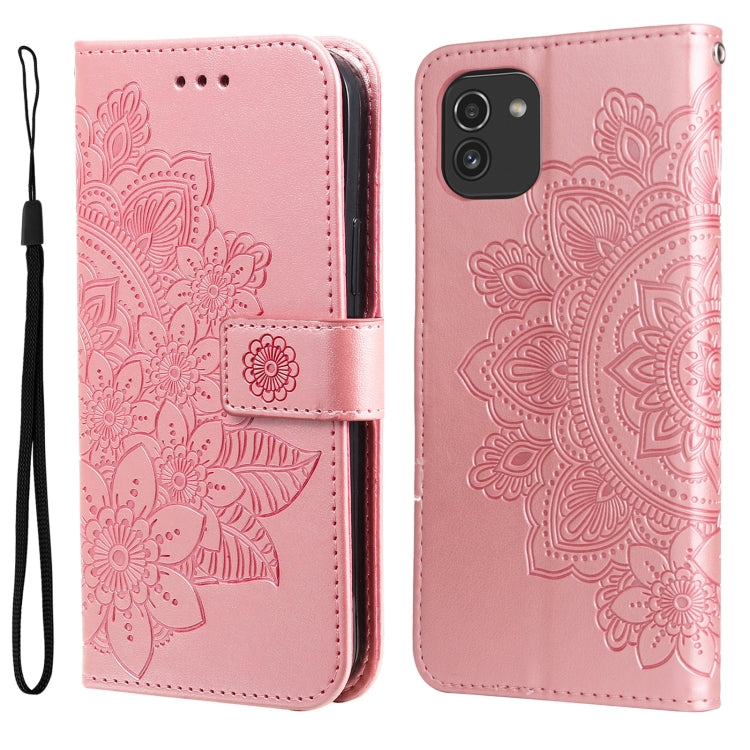 Pink embossed floral folio flip phone case with wrist strap and card/port cutouts.