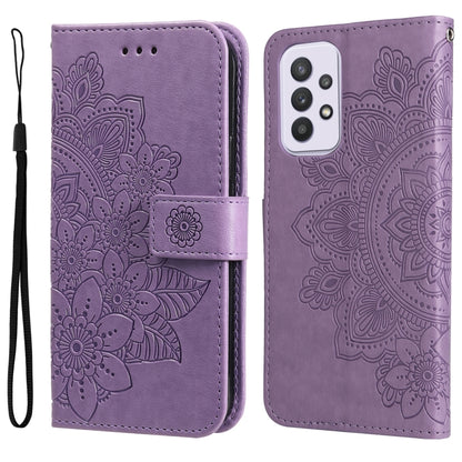 Light purple wallet-style phone case with embossed 7-petal floral pattern and flip cover