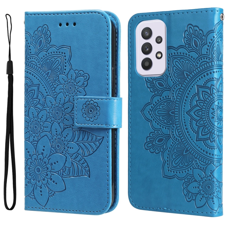 Blue wallet-style phone case with embossed 7-petal floral pattern and flip cover