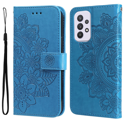 Blue wallet-style phone case with embossed 7-petal floral pattern and flip cover
