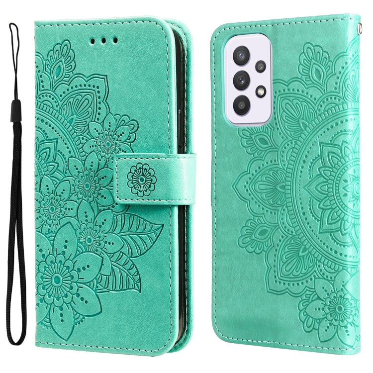 Green wallet-style phone case with embossed 7-petal floral pattern and flip cover