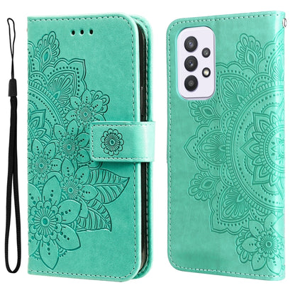 Green wallet-style phone case with embossed 7-petal floral pattern and flip cover