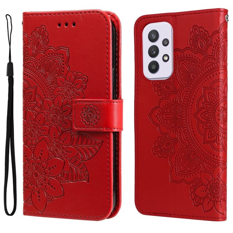 Red wallet-style phone case with embossed 7-petal floral pattern and flip cover