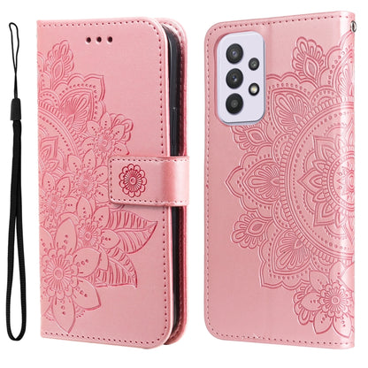 Rose gold wallet-style phone case with embossed 7-petal floral pattern and camera cutout
