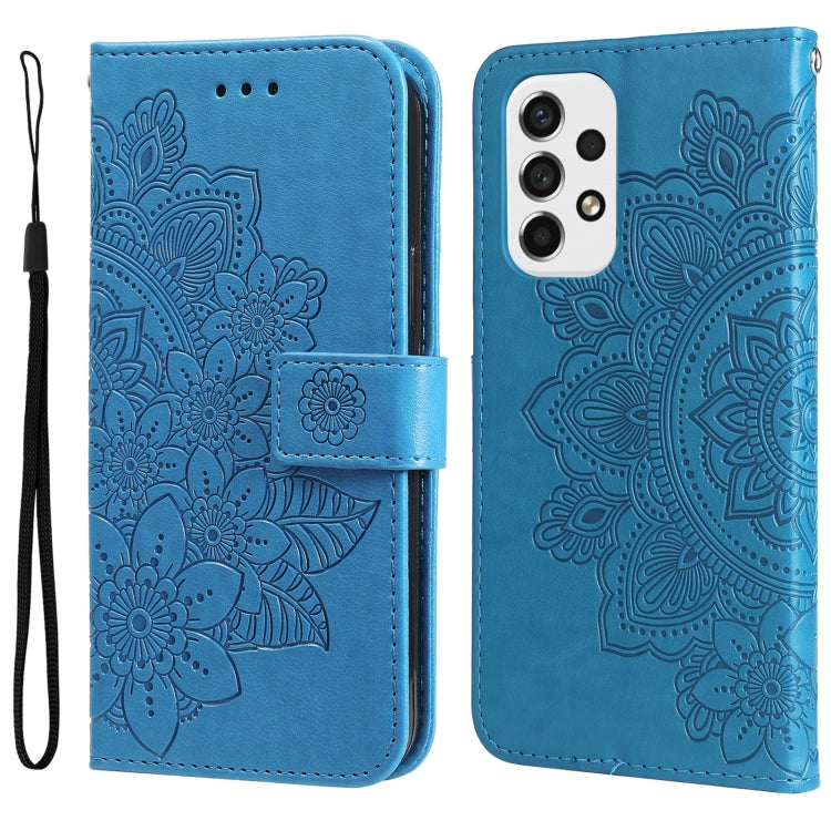 Blue wallet-style phone case with embossed 7-petal floral pattern and camera cutout