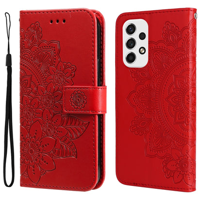 Red wallet-style phone case with embossed 7-petal floral pattern and camera cutout