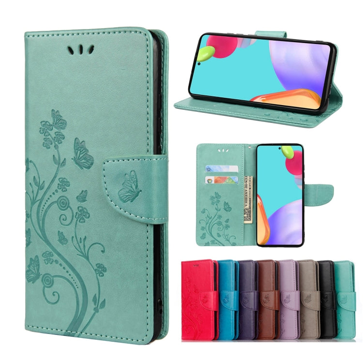 Green leather phone case with butterfly-flower pattern, flip cover and card slot