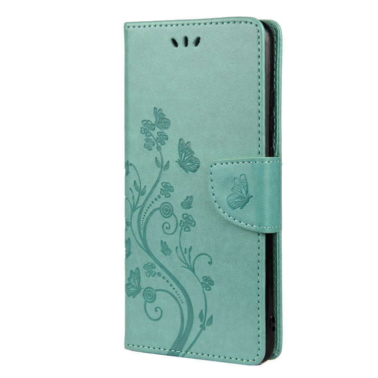 Green leather flip phone case with butterfly-flower pattern and card holder