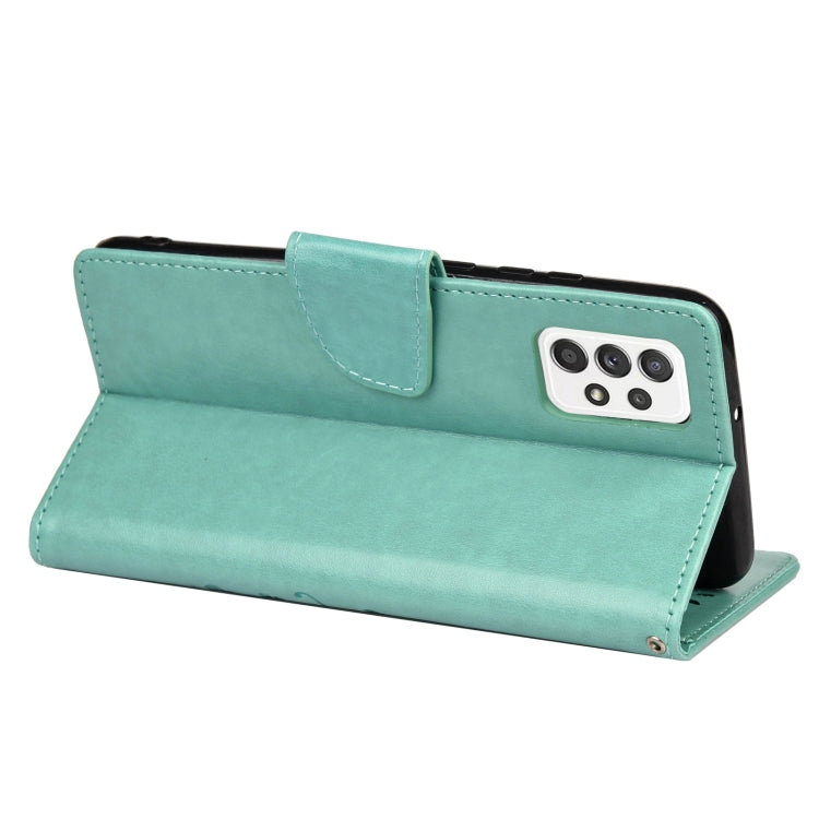 Green leather flip phone case with butterfly-flower pattern and horizontal stand