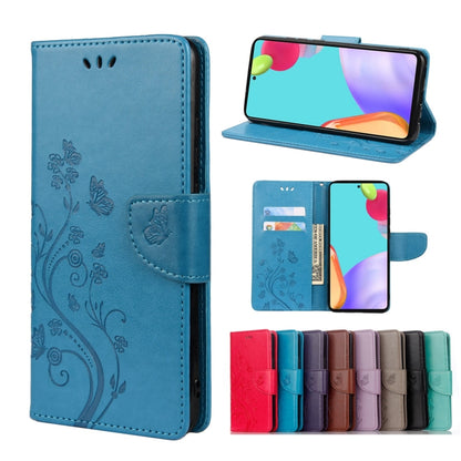 Blue leather phone case with butterfly-flower pattern, flip cover and card slot
