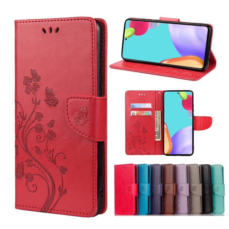 Red leather phone case with butterfly-flower pattern, flip cover and card slot