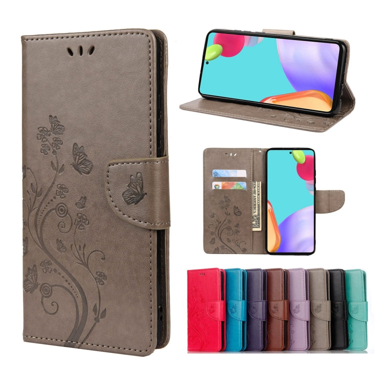 Grey leather phone case with butterfly floral embossing, card slot, and stand flap.