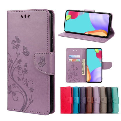 Light purple leather phone case with butterfly floral embossing, card slot, and stand flap.