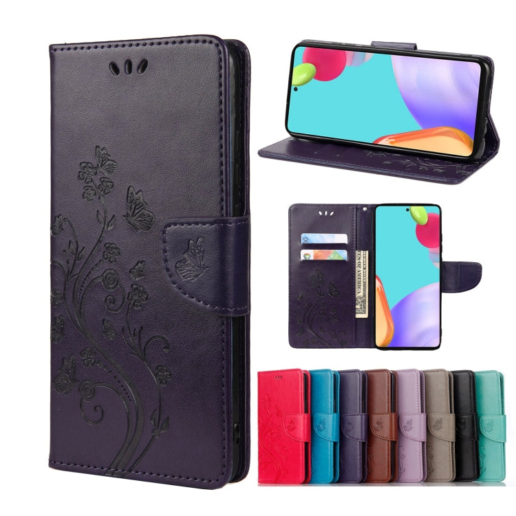 Dark purple leather phone case with butterfly floral embossing, card slot, and stand flap.