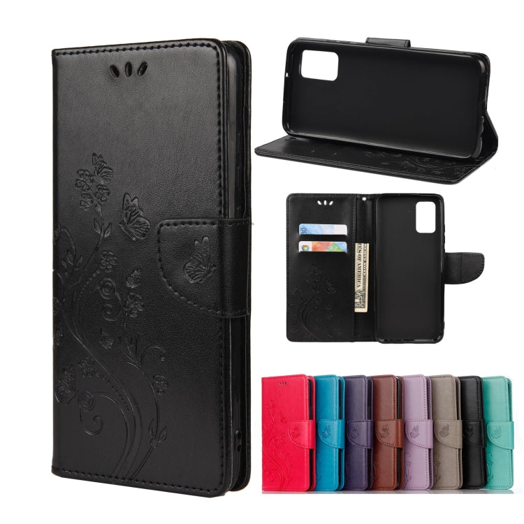 Black leather flip phone case with butterfly flower pattern, card slot, stand holder.