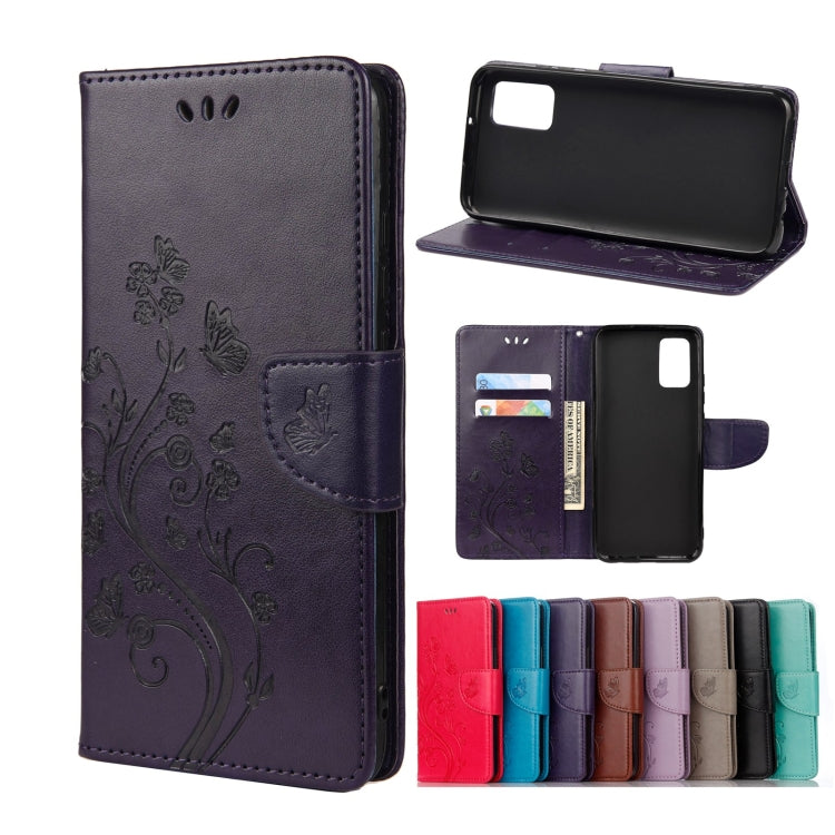 Dark purple leather flip phone case with butterfly flower pattern, card slot, stand holder.