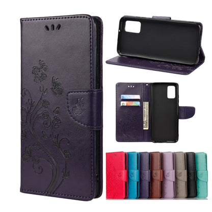 Dark purple leather flip phone case with butterfly flower pattern, card slot, stand holder.
