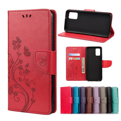 Red leather flip phone case with butterfly flower pattern, card slot, stand holder.