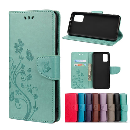 Mint green leather flip phone case with butterfly flower pattern, card slot, stand holder.
