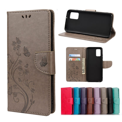 Grey leather-style phone case with butterfly flower emboss, flip cover and card slot