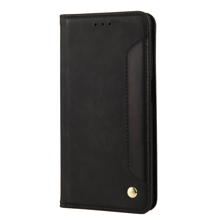 Black leather-style folio phone case with side pocket and gold-tone snap button