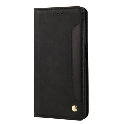 Black leather-style folio phone case with side pocket and gold-tone snap button