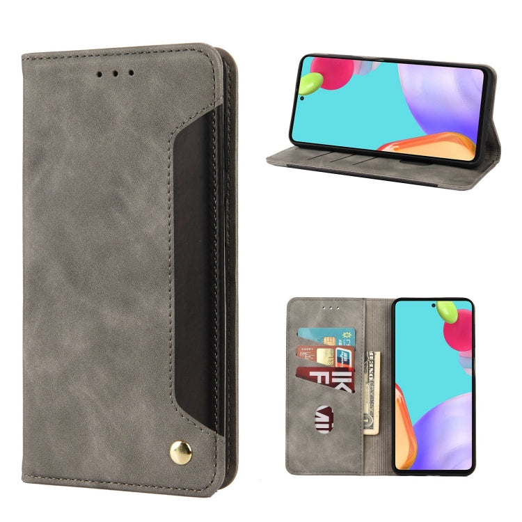 Grey leather flip phone case with stitched splicing, card slot pocket, snap closure