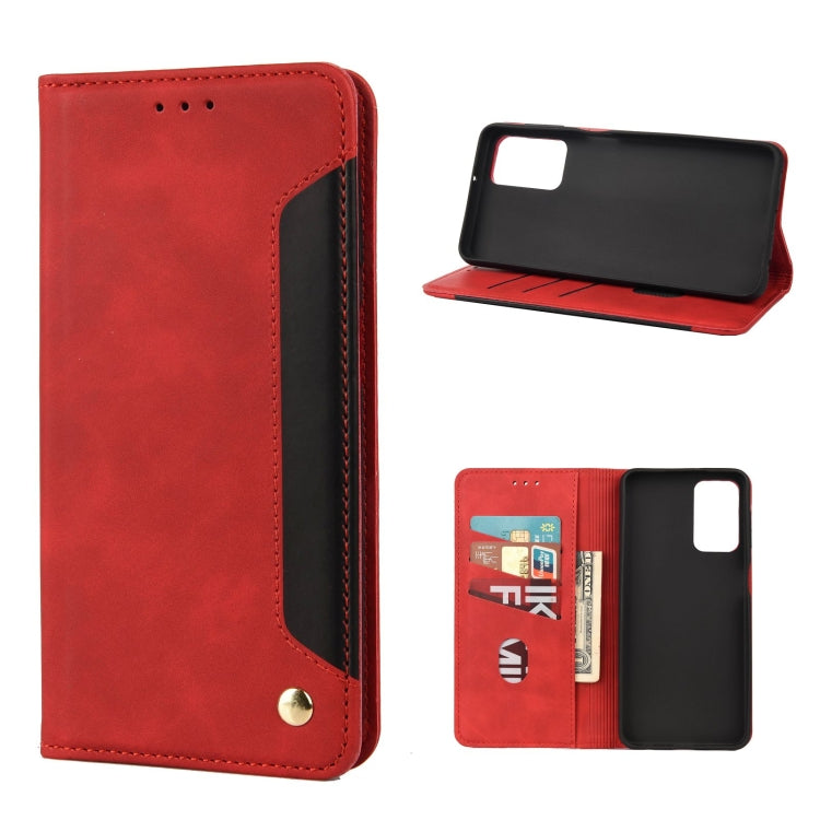 Red leather flip phone case with stitched splicing, card slot pocket, snap closure