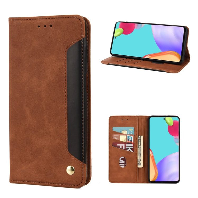 Brown leather flip phone case with stitched splicing, card slot pocket, snap closure