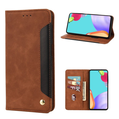 Brown leather flip phone case with stitched splicing, card slot pocket, snap closure