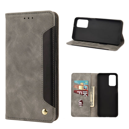 Grey leather wallet phone case with flip cover, card slots, and magnetic clasp