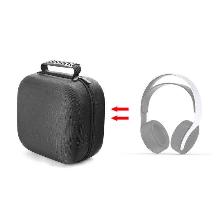 Black padded headphone storage case with top handle and zipper, holding foldable headphones