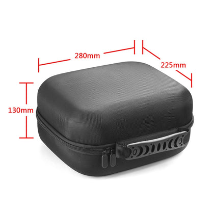 Black headphone storage case with size dimensions shown, front zipper and molded shape