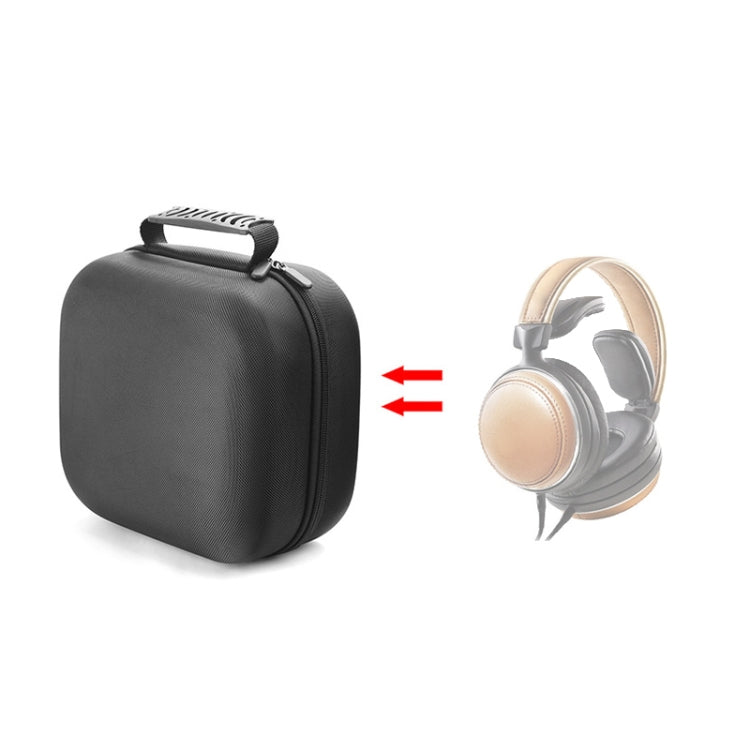 Black headphone storage case beside cream over-ear headphones to show fit