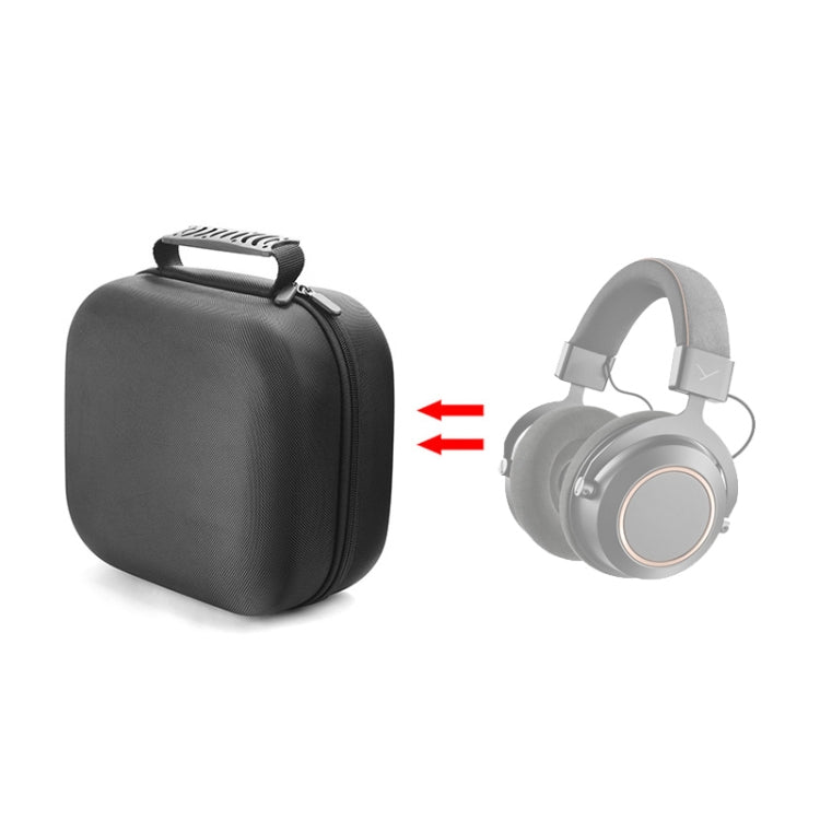 Black headphone storage case beside gray over-ear headphones to show fit