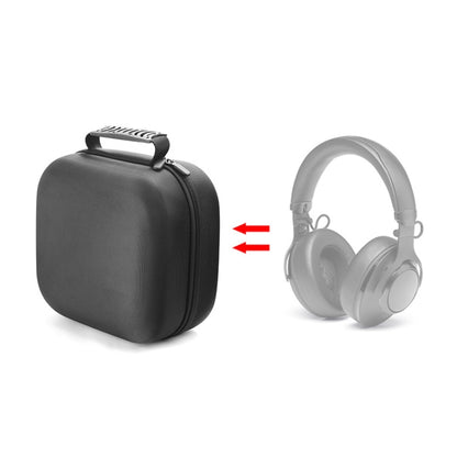 Black headphone storage case beside white over-ear headphones to show fit