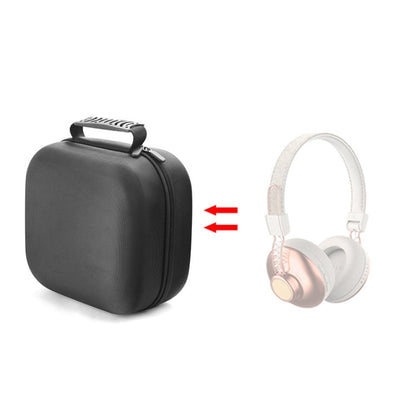 Black zippered headphone case shown with light-colored headset