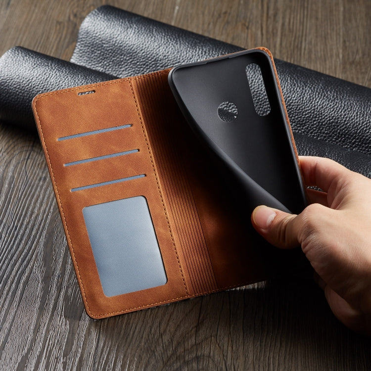 Leather wallet-style phone case with card slots, brown; flap closed by magnetic closure