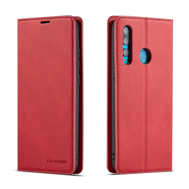 Horizontal flip leather phone case with magnetic closure, red; camera cutout and side ports
